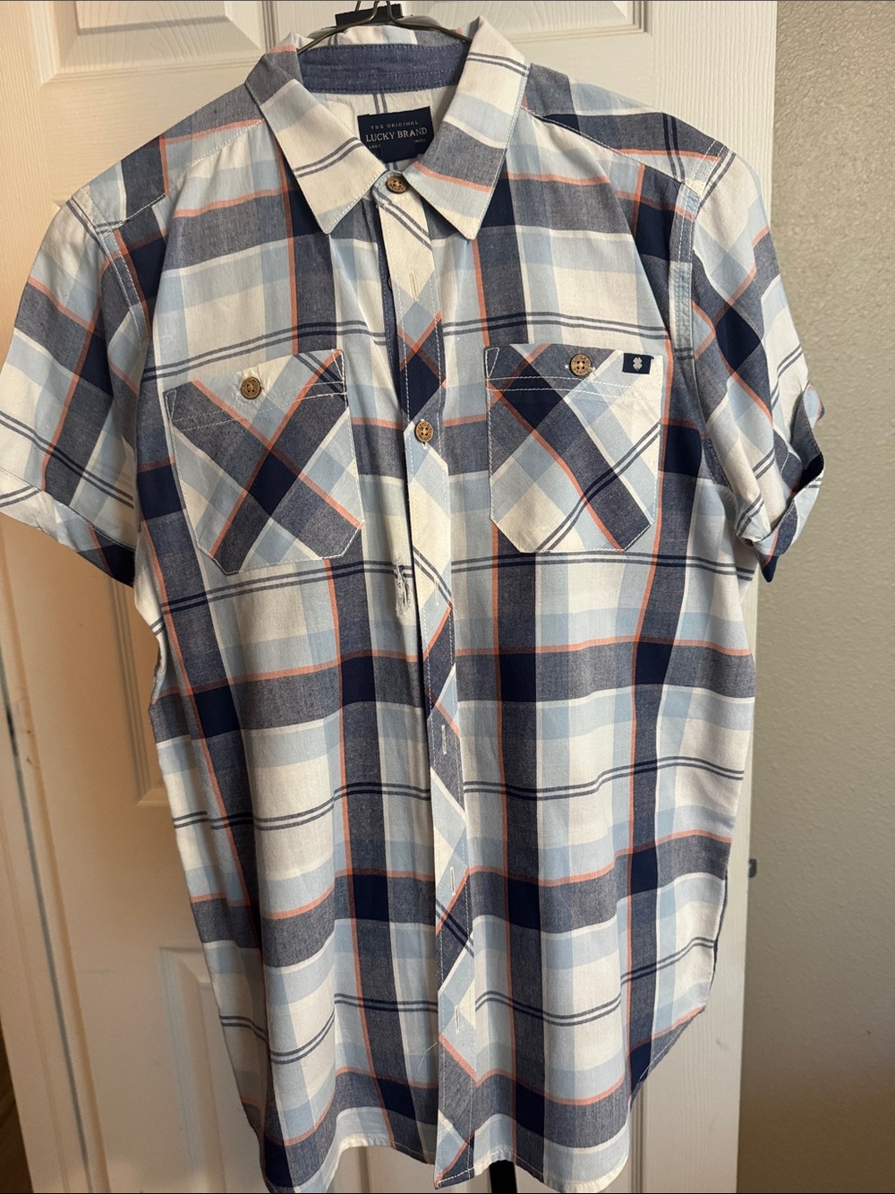 Lucky Brand Men's Navy, Light Blue & White Plaid Short-Sleeve Button-Up